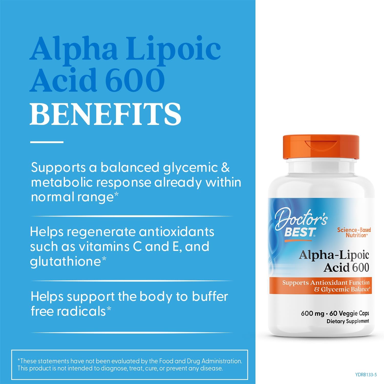 Doctor's Best Alpha-Lipoic Acid 600 mg Veggie Capsules for Antioxidant Support and Glycemic Balance, Non-GMO, Gluten-Free, Vegan, Soy-Free