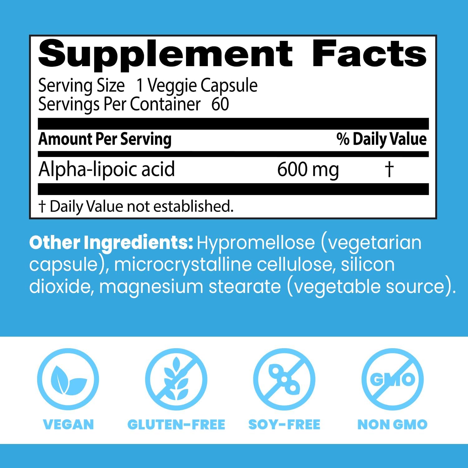 Doctor's Best Alpha-Lipoic Acid 600 mg Veggie Capsules for Antioxidant Support and Glycemic Balance, Non-GMO, Gluten-Free, Vegan, Soy-Free