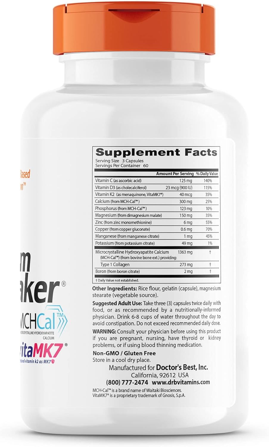 Doctor's Best Calcium Bone Maker Complex with MCHCal, 180 Capsules for Bone, Muscle, and Vascular Health