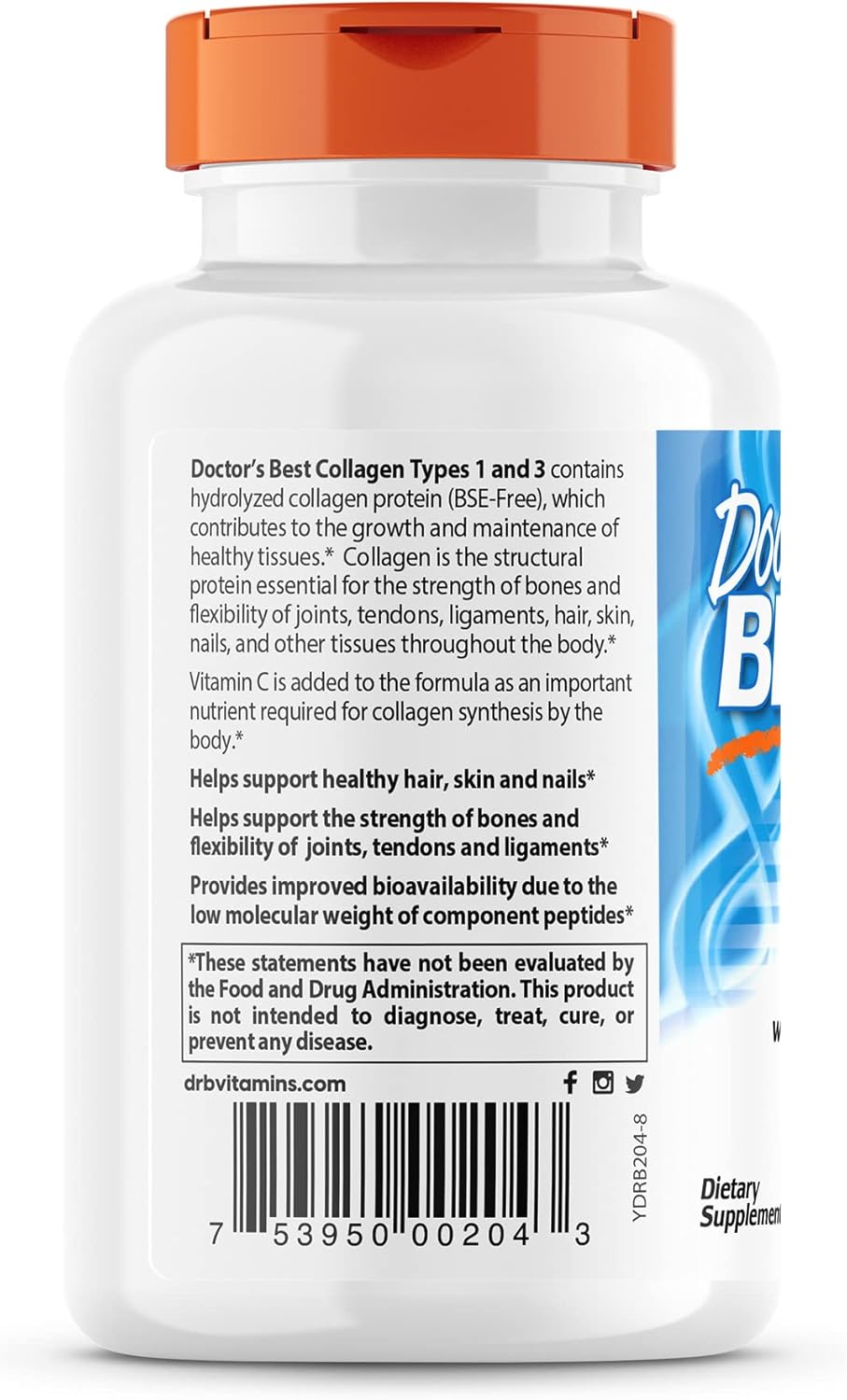 Doctor's Best Collagen Types 1 & 3 Peptan Tablets - Non-GMO, Gluten & Soy Free, 1000mg - Supports Hair, Skin, Nails, Tendons, and Bones - 180 Count