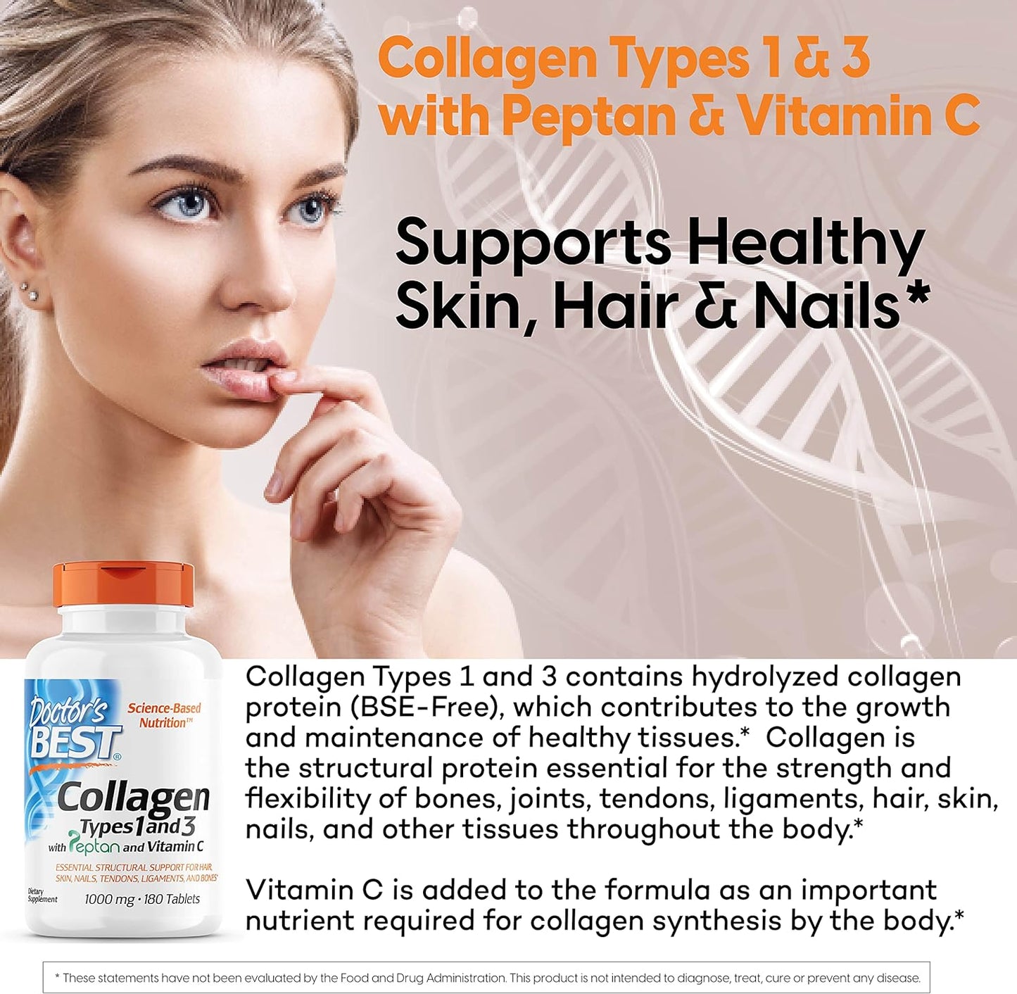 Doctor's Best Collagen Types 1 & 3 Peptan Tablets - Non-GMO, Gluten & Soy Free, 1000mg - Supports Hair, Skin, Nails, Tendons, and Bones - 180 Count