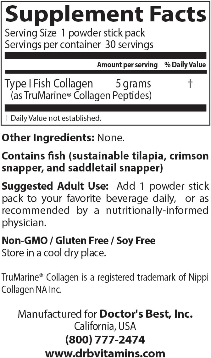 Doctor's Best Naticol Fish Collagen Powder Sticks for Skin, Nails, Joints - 30 Pack