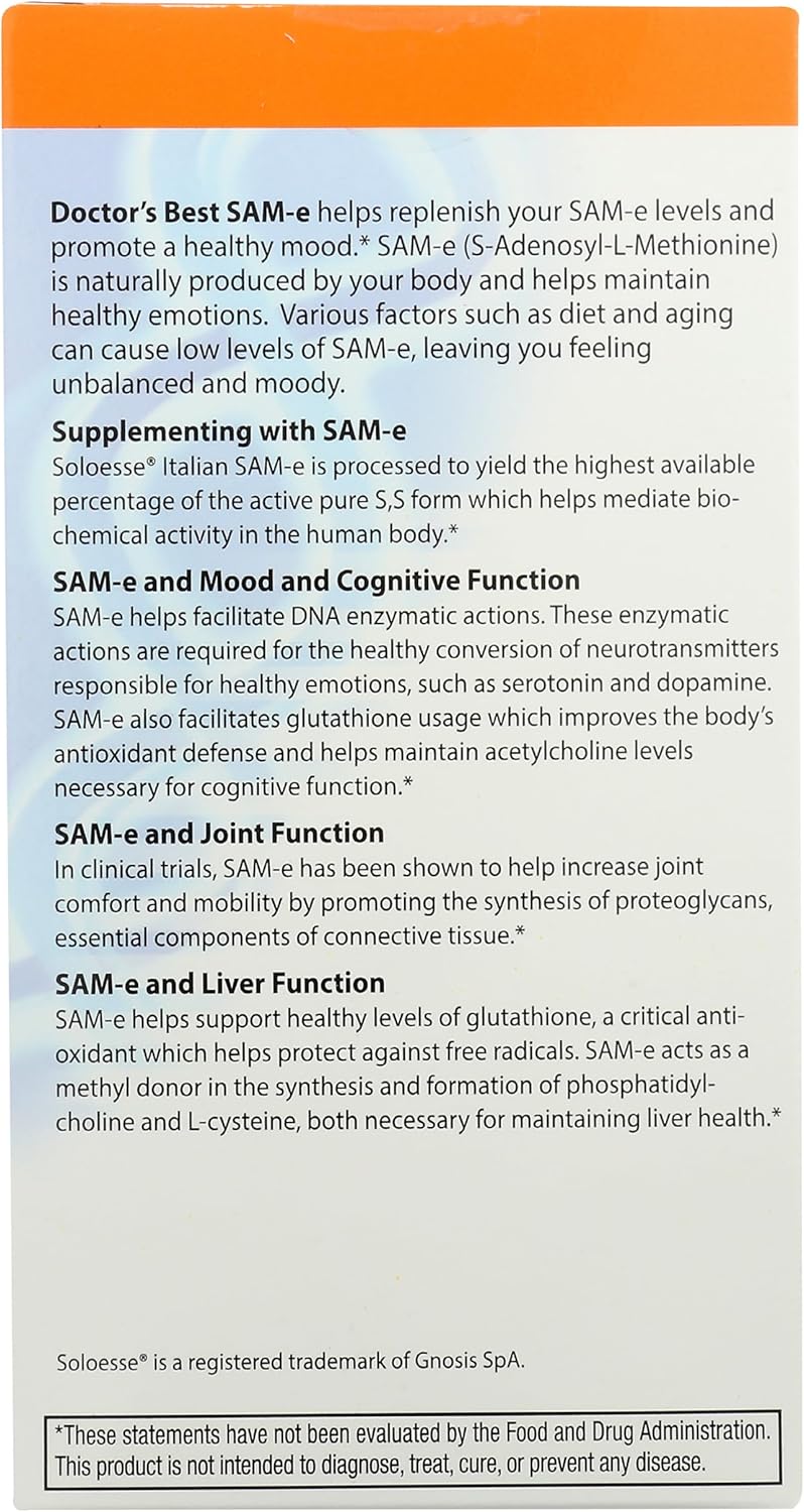 Doctor's Best SAM-e 400 mg Tablets - Vegetarian, Gluten-Free, Soy-Free for Mood and Joint Support - 30 Enteric Coated
