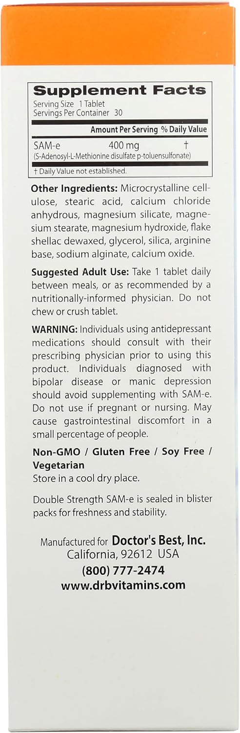 Doctor's Best SAM-e 400 mg Tablets - Vegetarian, Gluten-Free, Soy-Free for Mood and Joint Support - 30 Enteric Coated