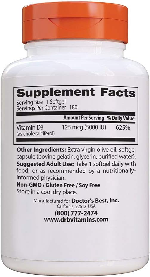 Doctor's BEST Vitamin D3 5000IU: Non-GMO, Gluten & Soy Free, Immune Function Support, Bone Health, White, Flavorless, 360 Count