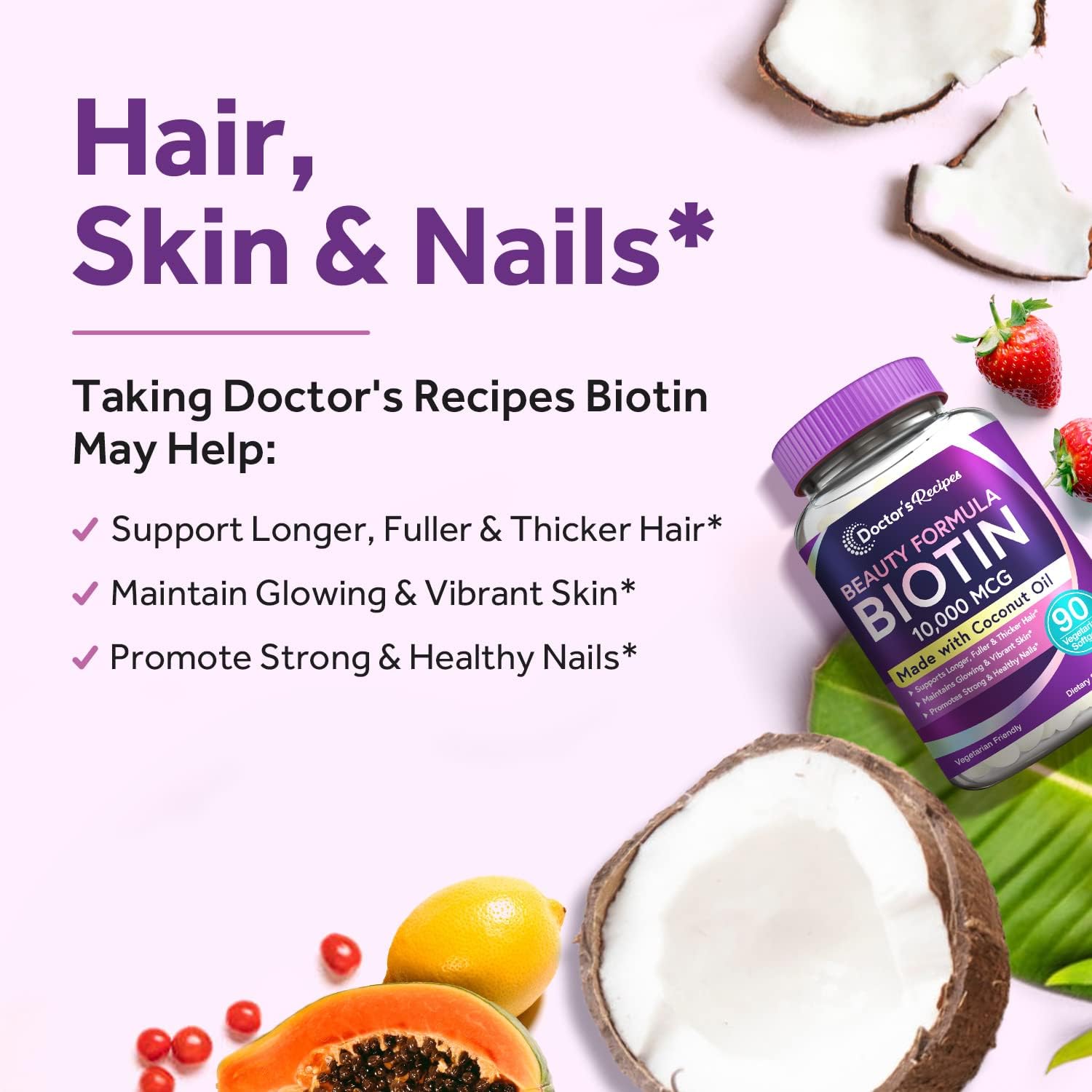 Doctor's Recipes Biotin 10,000 mcg Softgels for Hair, Skin, Nails, Metabolism - 90ct