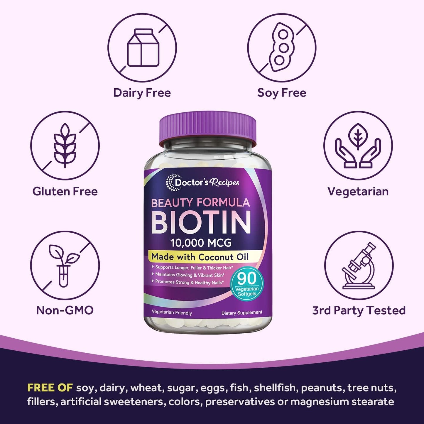 Doctor's Recipes Biotin 10,000 mcg Softgels for Hair, Skin, Nails, Metabolism - 90ct