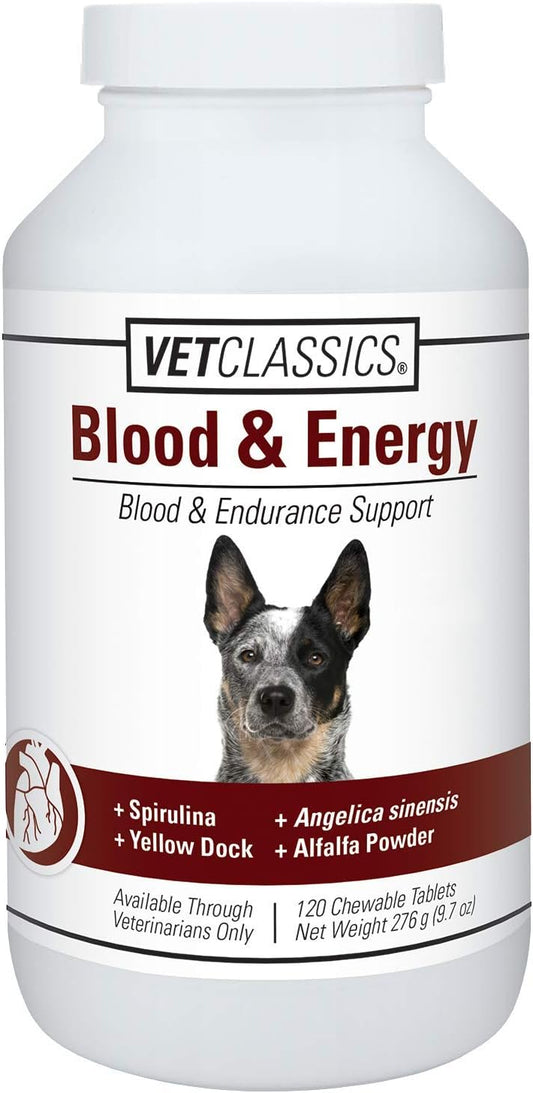 Dog Blood & Energy Support Tablets with Spirulina, Yellow Dock, & Alfalfa - 120 Chewables for Endurance & Hemoglobin Formation