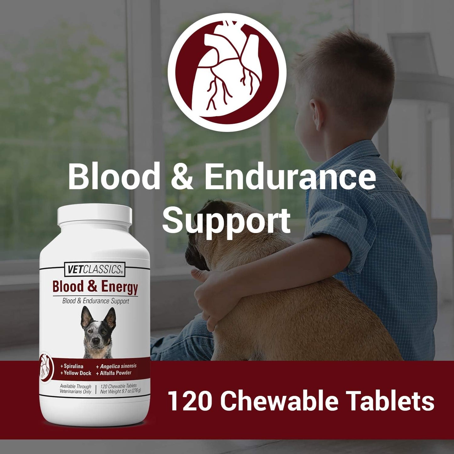 Dog Blood & Energy Support Tablets with Spirulina, Yellow Dock, & Alfalfa - 120 Chewables for Endurance & Hemoglobin Formation