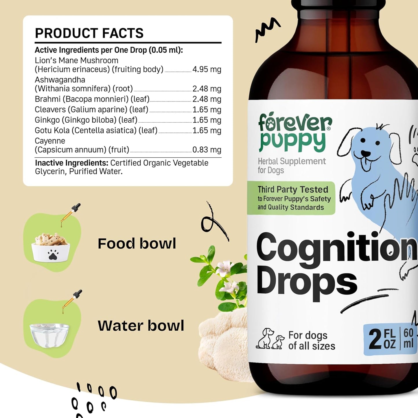 Dog Brain Support Drops with Lion's Mane, Ginkgo Biloba, and Ashwagandha - Cognitive Supplement for Dogs - 2 fl oz