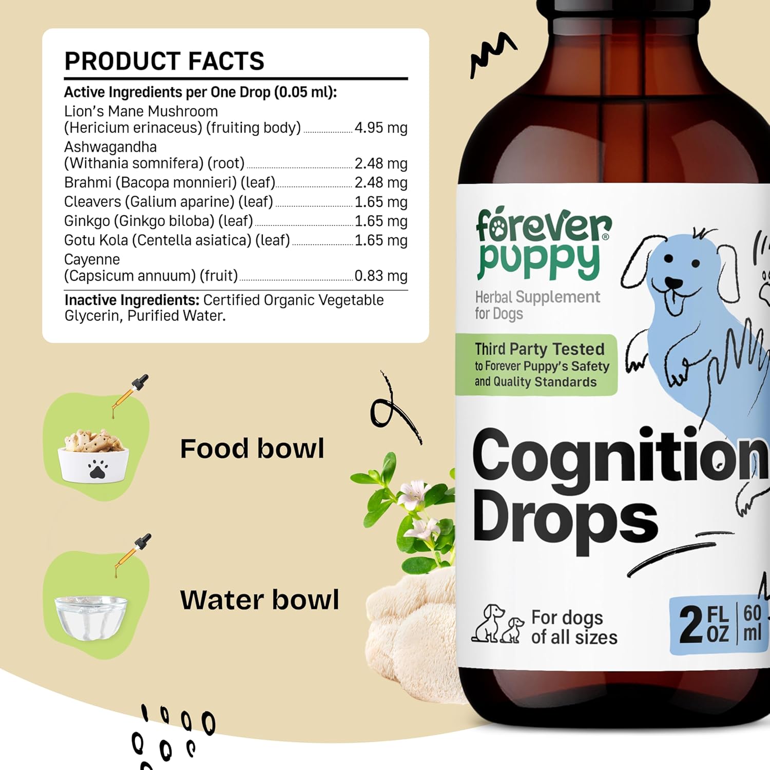 Dog Brain Support Drops with Lion's Mane, Ginkgo Biloba, and Ashwagandha - Cognitive Supplement for Dogs - 2 fl oz