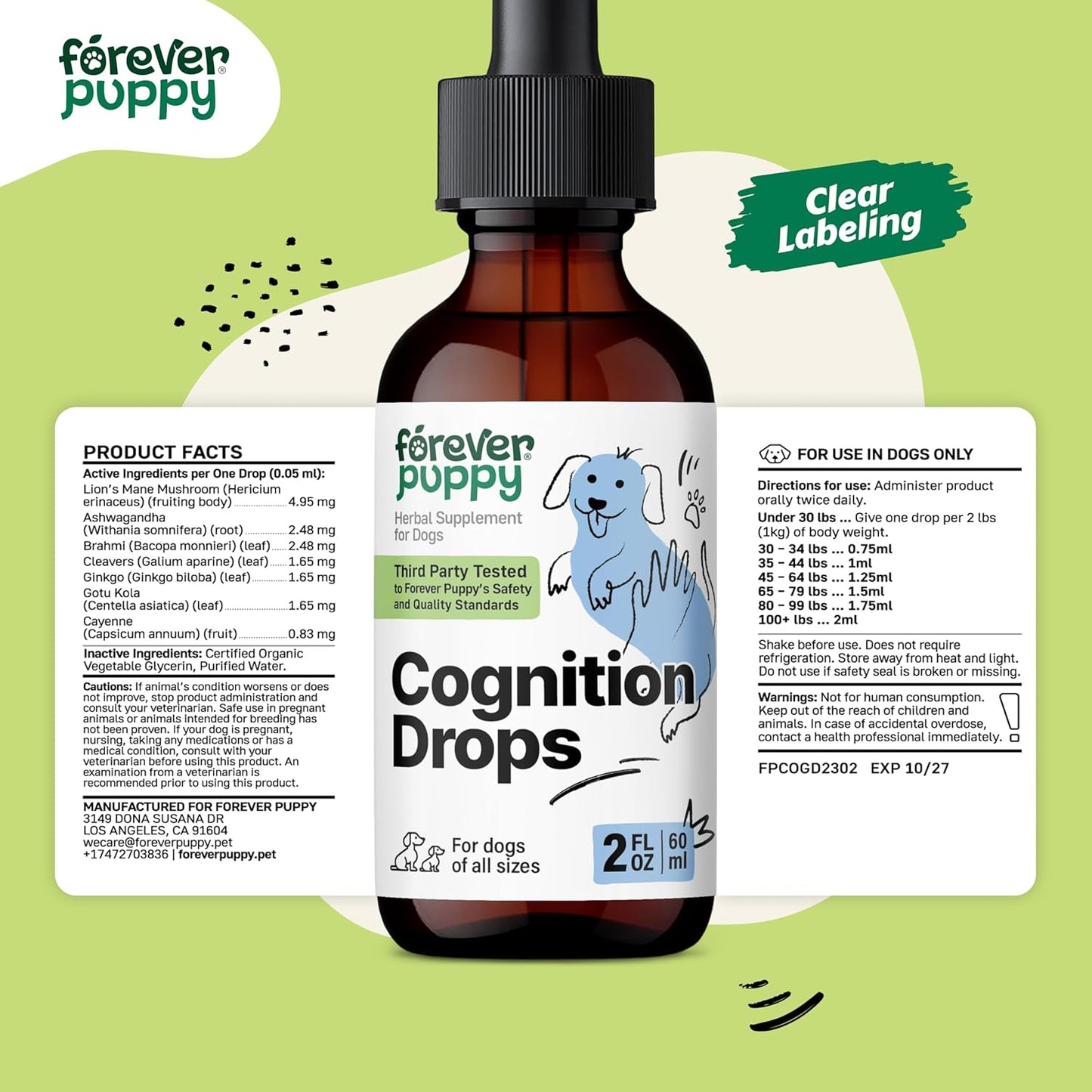 Dog Brain Support Drops with Lion's Mane, Ginkgo Biloba, and Ashwagandha - Cognitive Supplement for Dogs - 2 fl oz
