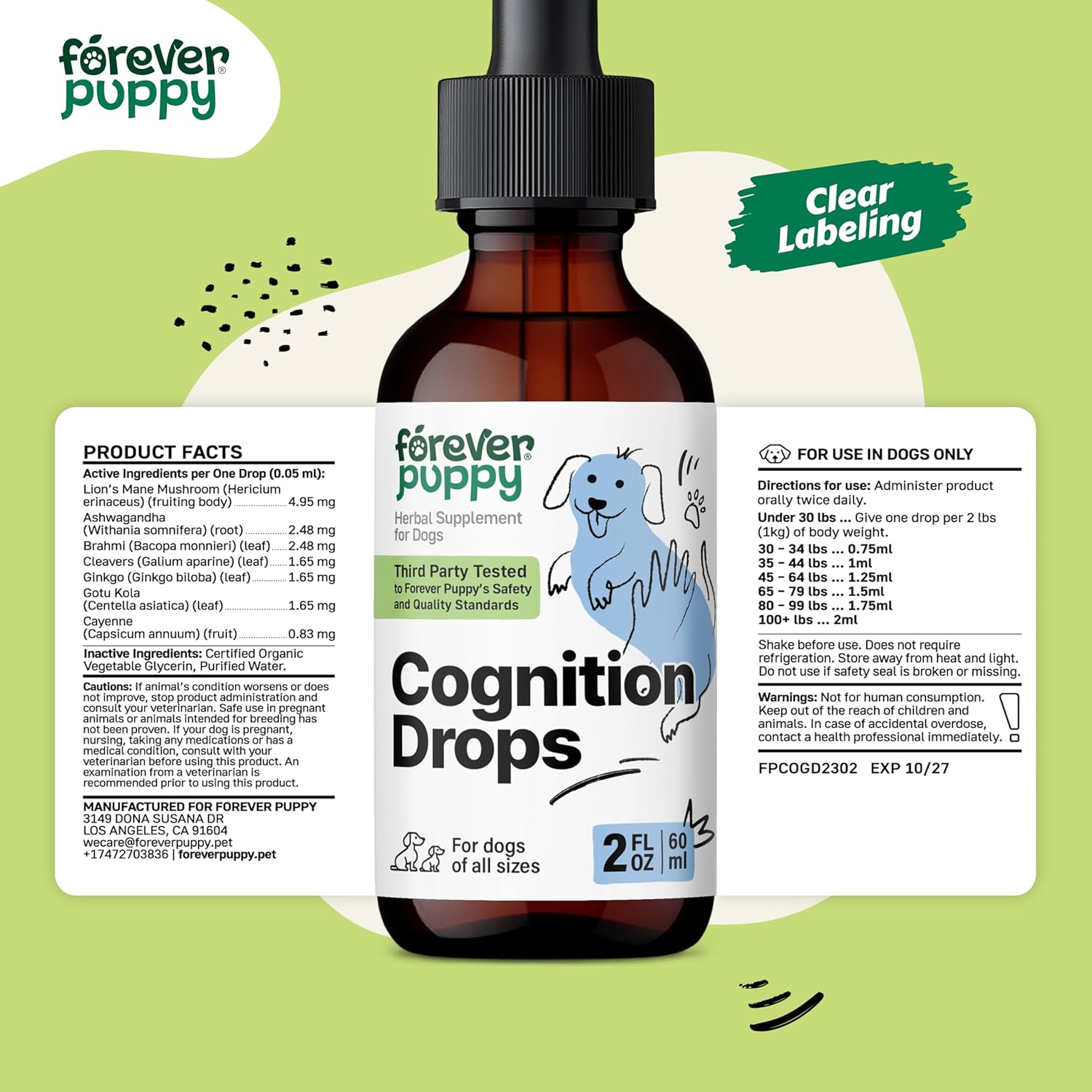 Dog Brain Support Drops with Lion's Mane, Ginkgo Biloba, and Ashwagandha - Cognitive Supplement for Dogs - 2 fl oz