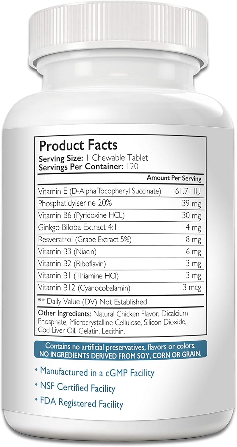 Dog Cognitive Support Supplement, Promotes Brain Health & Mental Clarity, 120 Chewable Tablets for Senior Dogs with Cognitive Difficulties