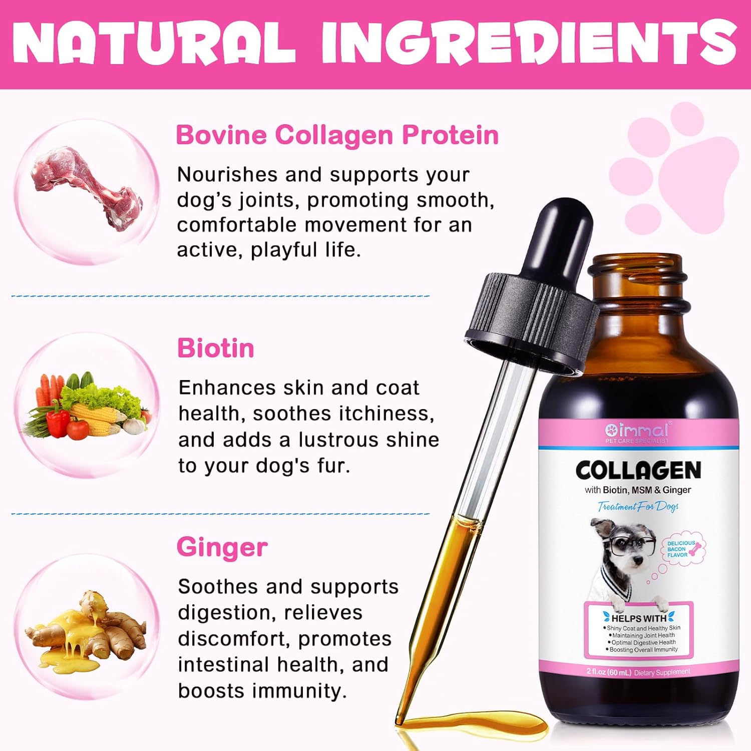 Dog Collagen Liquid Drops with Biotin, MSM & Ginger for Immunity & Digestive Support, Itch Relief, Skin & Coat, Joint Health - 60ml