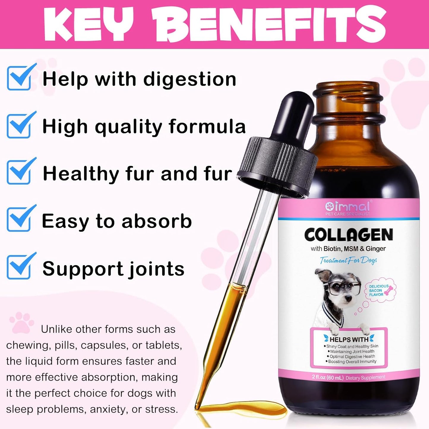Dog Collagen Liquid Drops with Biotin, MSM & Ginger for Immunity & Digestive Support, Itch Relief, Skin & Coat, Joint Health - 60ml