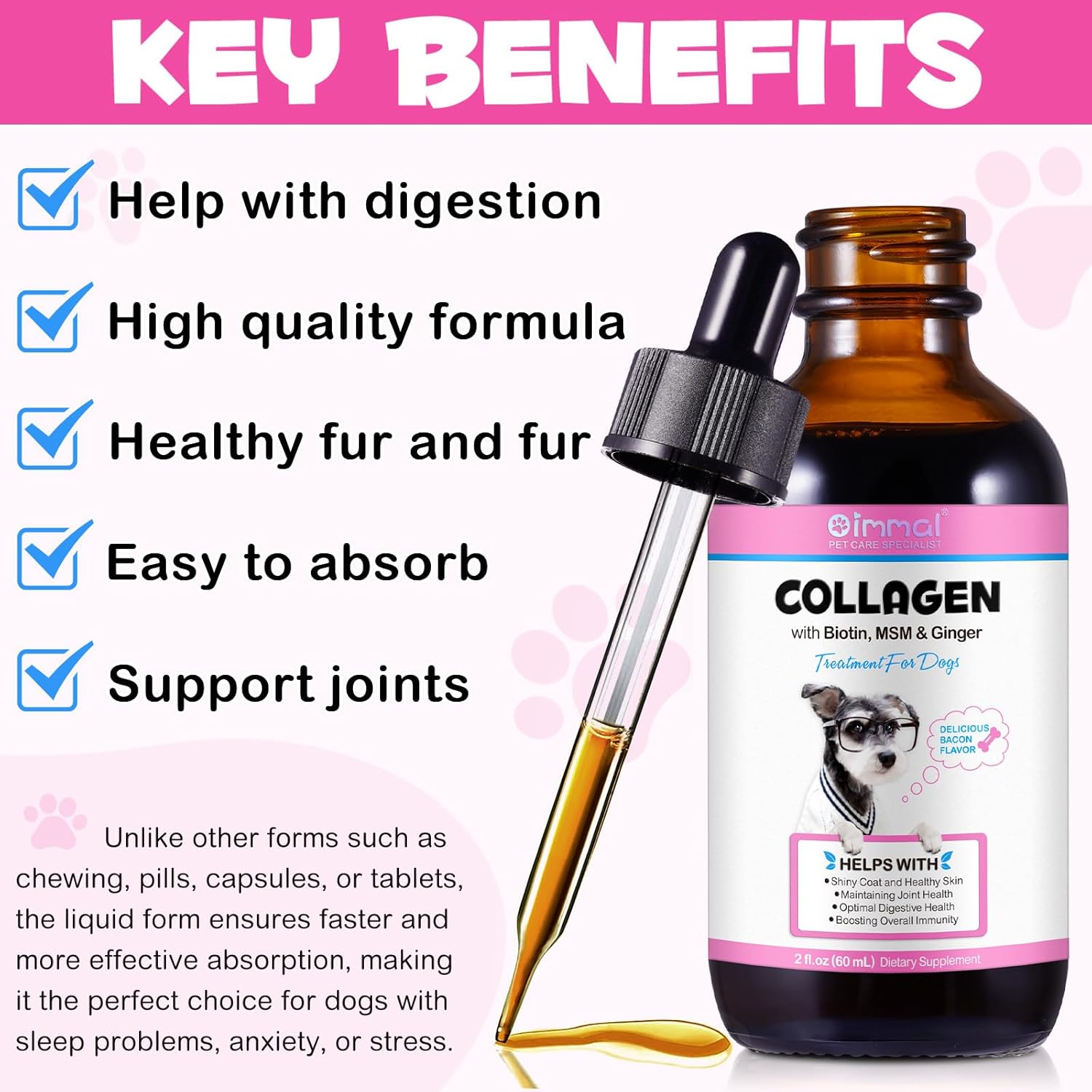 Dog Collagen Liquid Drops with Biotin, MSM & Ginger for Immunity & Digestive Support, Itch Relief, Skin & Coat, Joint Health - 60ml