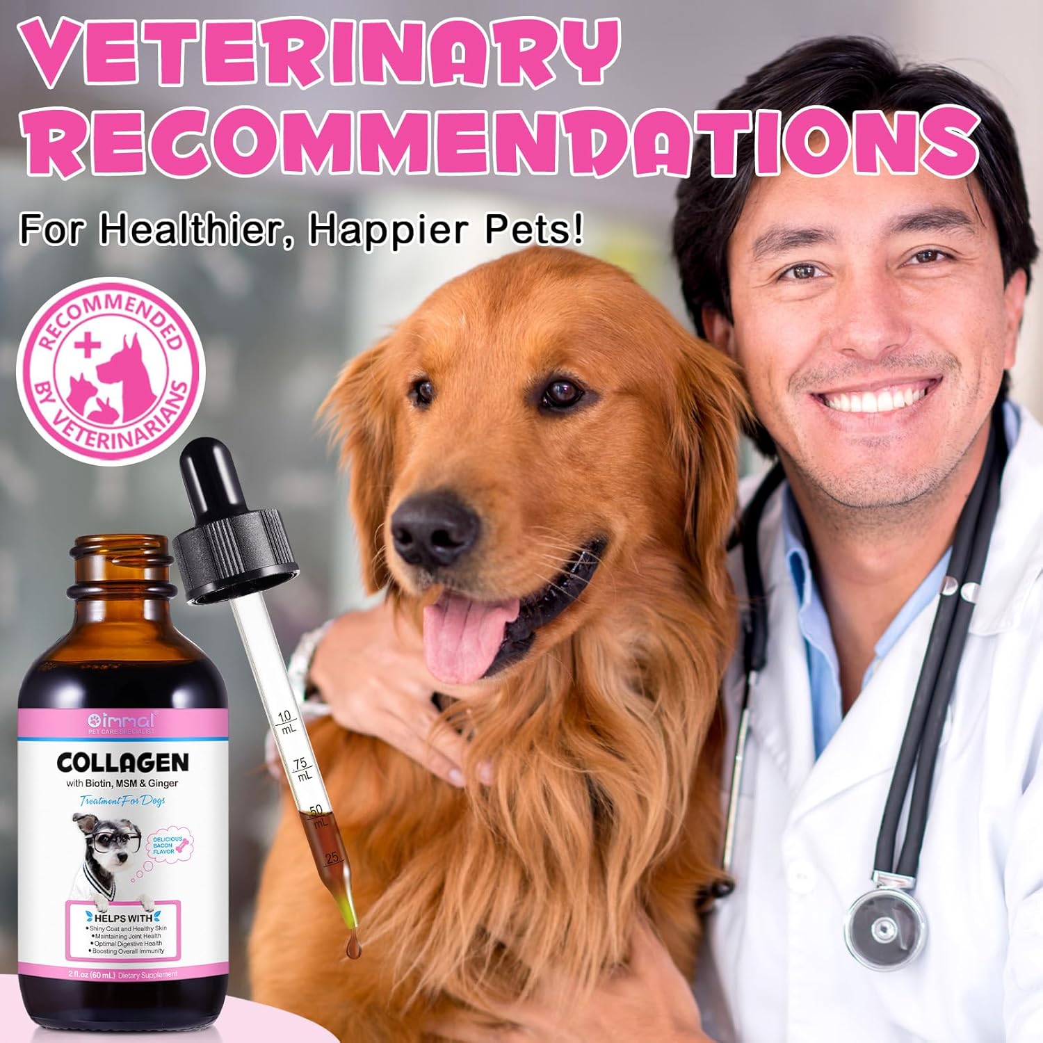 Dog Collagen Liquid Drops with Biotin, MSM & Ginger for Immunity & Digestive Support, Itch Relief, Skin & Coat, Joint Health - 60ml