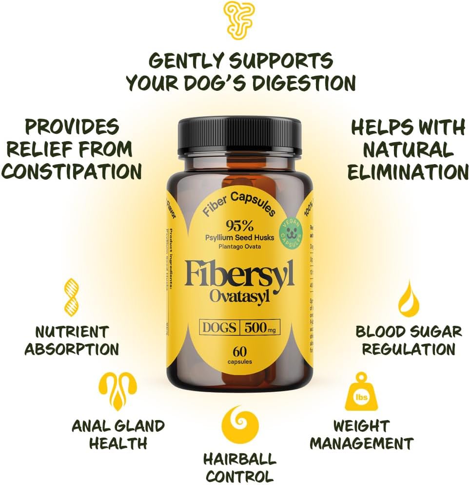 Dog Fiber Supplements with Psyllium Husk Seed for Digestive Health - Constipation Relief & Stool Hardener - 60 Capsules