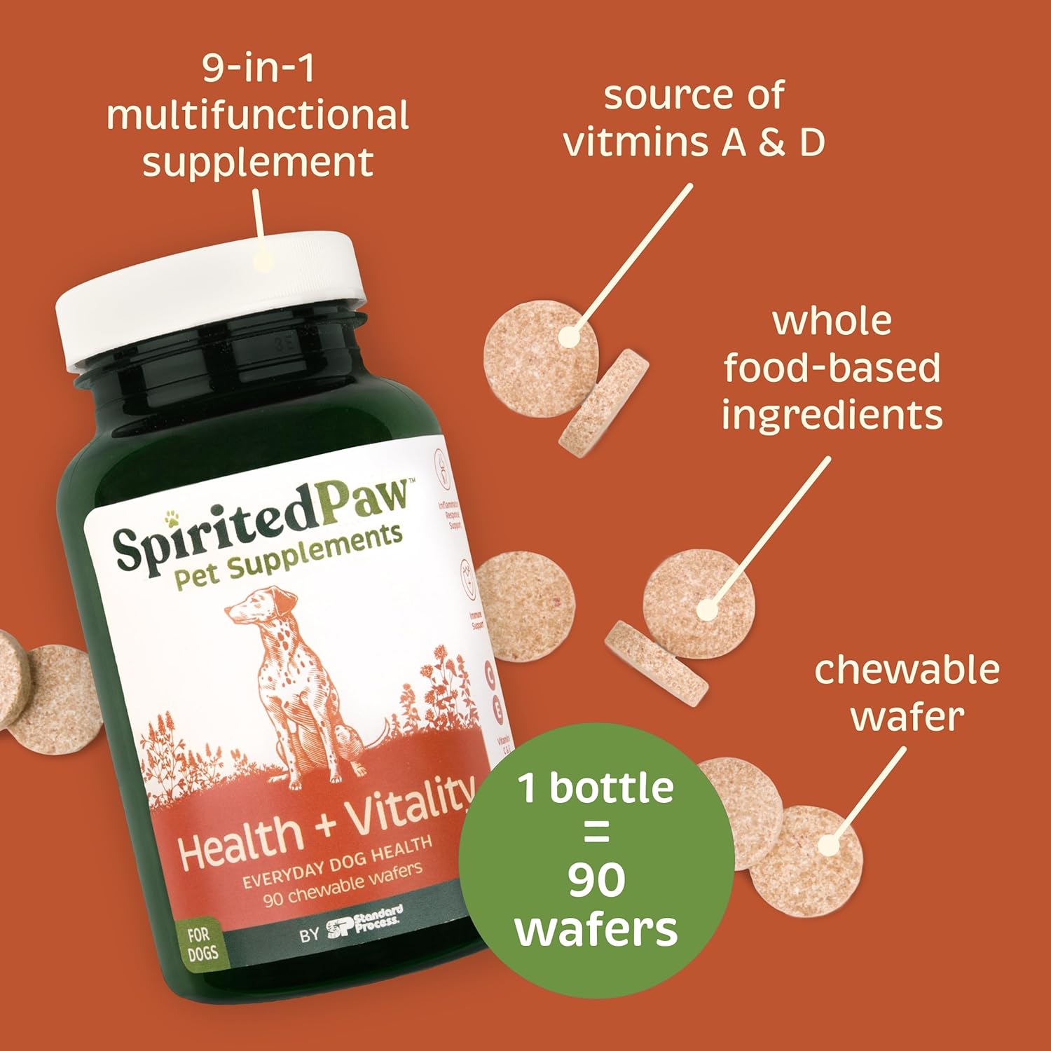 Dog Multifunctional Health Supplement with Choline, Calcium, Zinc, Vitamins D & A - 90 Chewable Wafers - Supports Immune System, Coat, Liver & Vitality