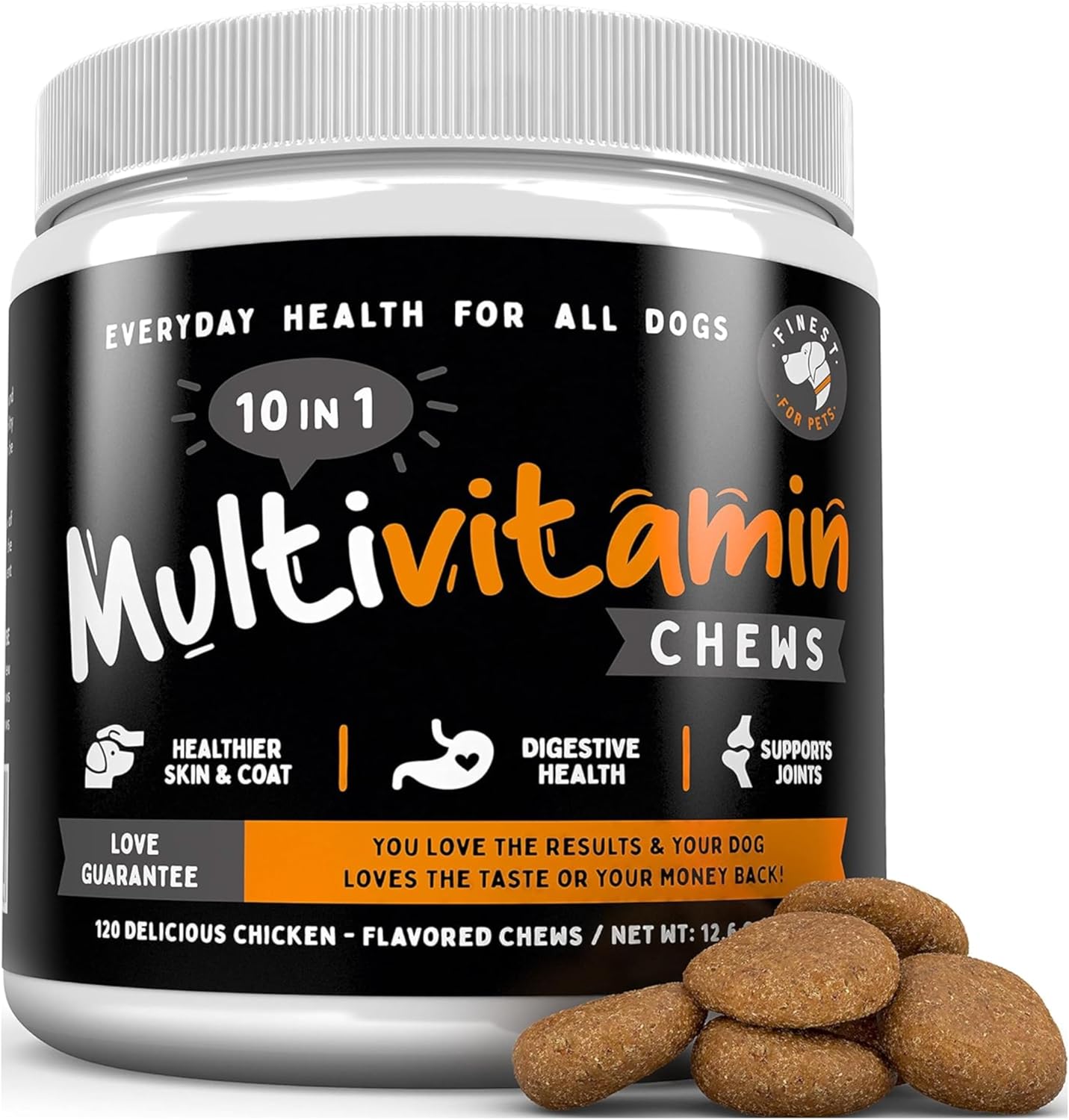 Dog Multivitamin Chewable Treats - 10-in-1 Pet Vitamins & Supplements with Glucosamine, Omega Fish Oil, Supports Joint, Hip, Bowel, Muscle Health (120 Chews)