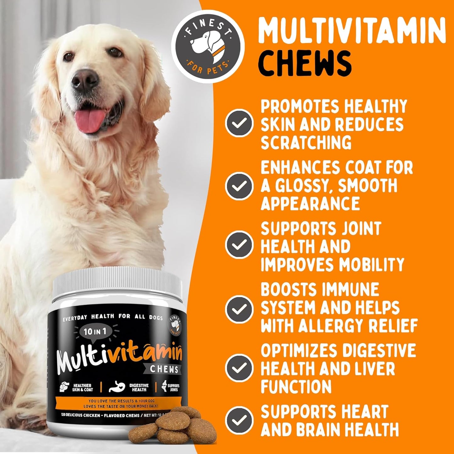 Dog Multivitamin Chewable Treats - 10-in-1 Pet Vitamins & Supplements with Glucosamine, Omega Fish Oil, Supports Joint, Hip, Bowel, Muscle Health (120 Chews)
