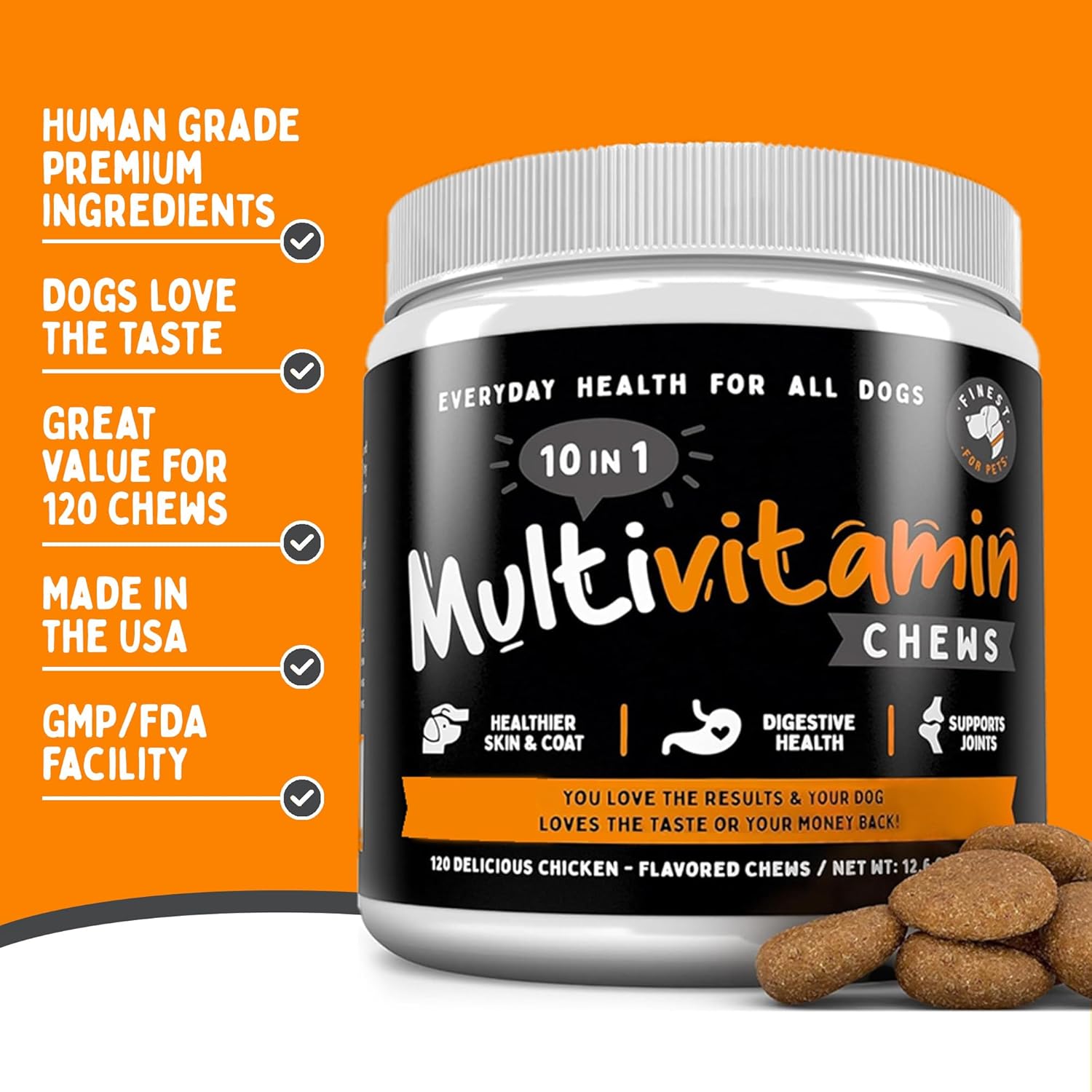 Dog Multivitamin Chewable Treats - 10-in-1 Pet Vitamins & Supplements with Glucosamine, Omega Fish Oil, Supports Joint, Hip, Bowel, Muscle Health (120 Chews)