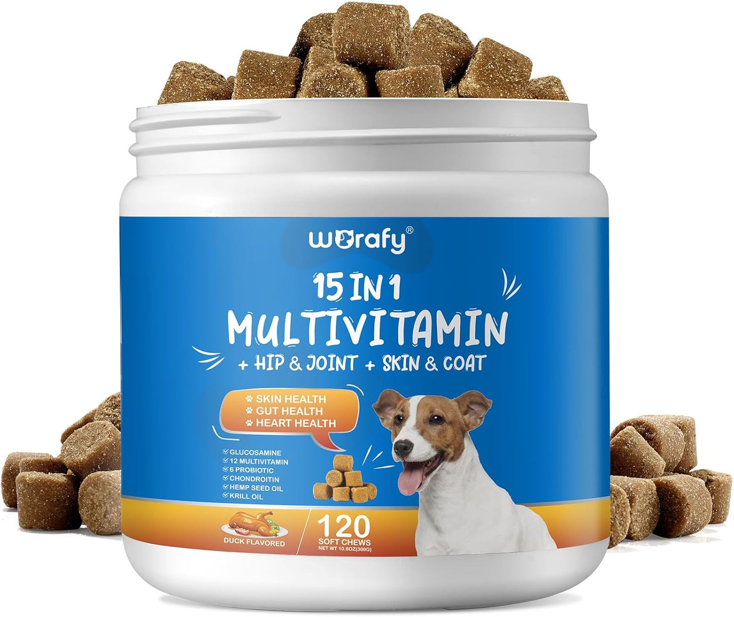 Dog Multivitamin Chewable with Glucosamine - 15-in-1 Health Support for Dogs of All Ages and Breeds - 120 Soft Chews Duck Flavor
