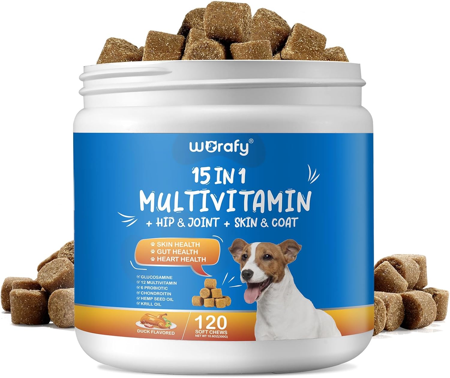 Dog Multivitamin Chewable with Glucosamine - 15-in-1 Health Support for Dogs of All Ages and Breeds - 120 Soft Chews Duck Flavor