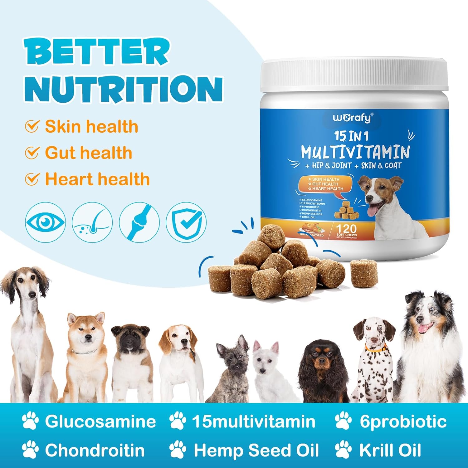 Dog Multivitamin Chewable with Glucosamine - 15-in-1 Health Support for Dogs of All Ages and Breeds - 120 Soft Chews Duck Flavor