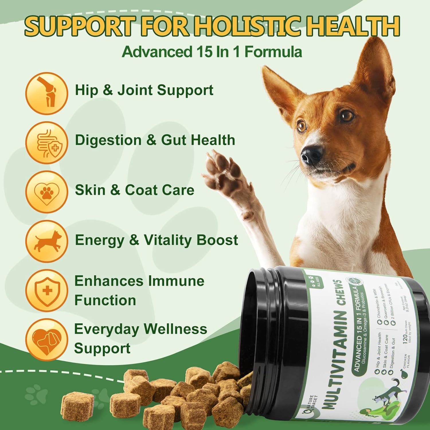 Dog Multivitamin Soft Chews with MSM, Glucosamine, Omegas, Probiotics - Joint, Skin & Coat, Immune Support - 120 Count