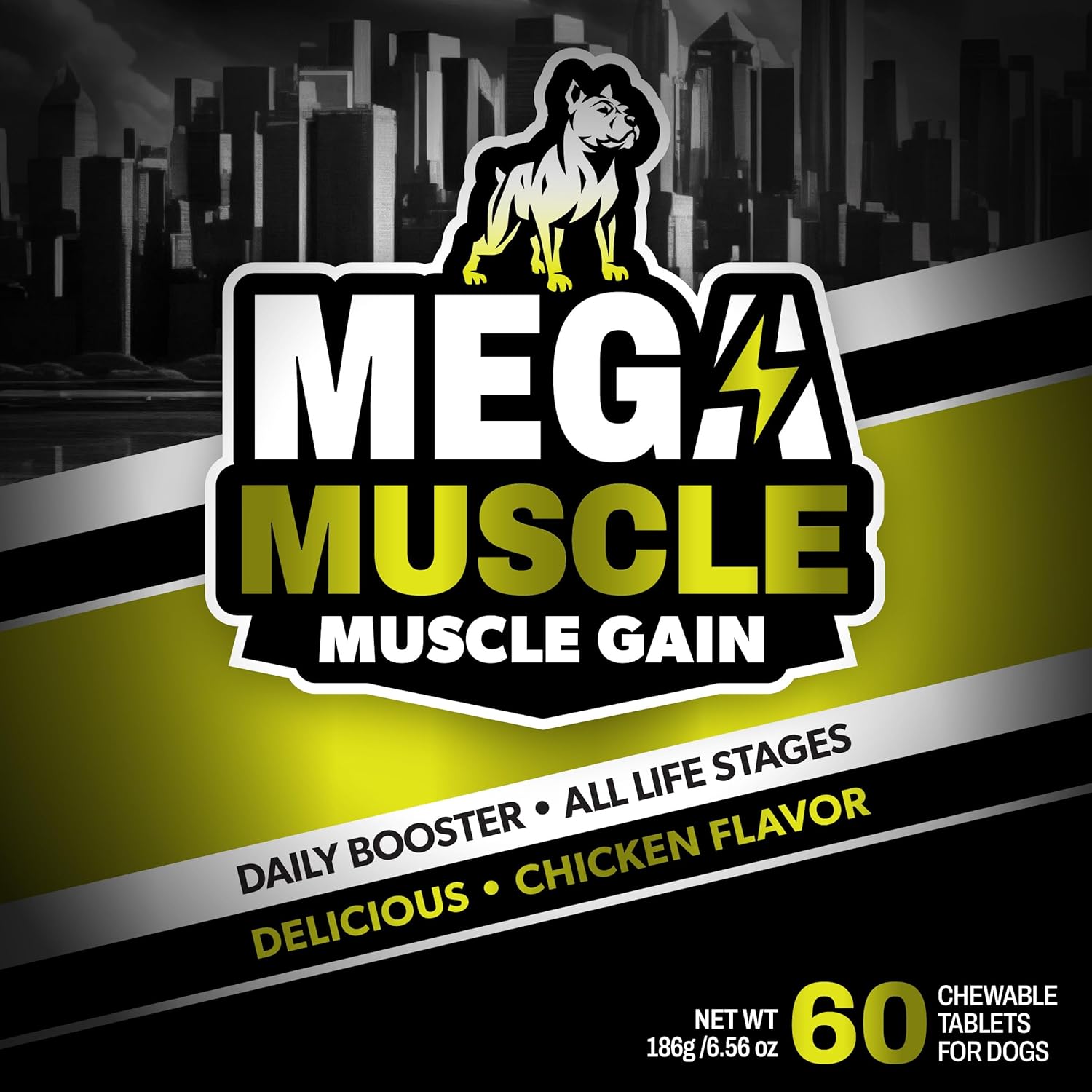 Dog Muscle Gain Chewable Tablets | 2-in-1 Daily Booster & Multivitamin | For All Life Stages | Puppy & Adult Dog Supplement | Chicken Flavor | 60 Tablets