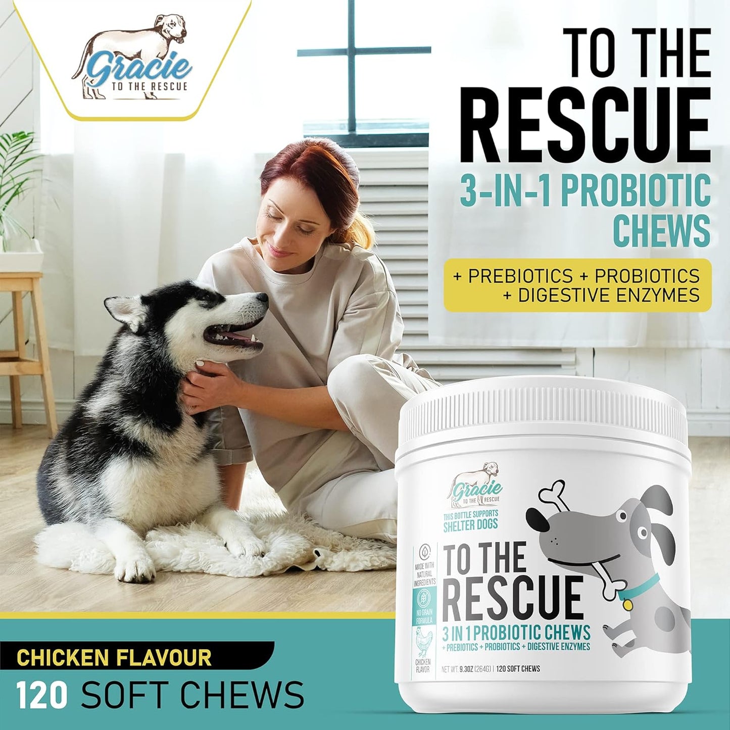 Dog Probiotic Chews for Digestive Health - 120 Soft Chews for Dogs