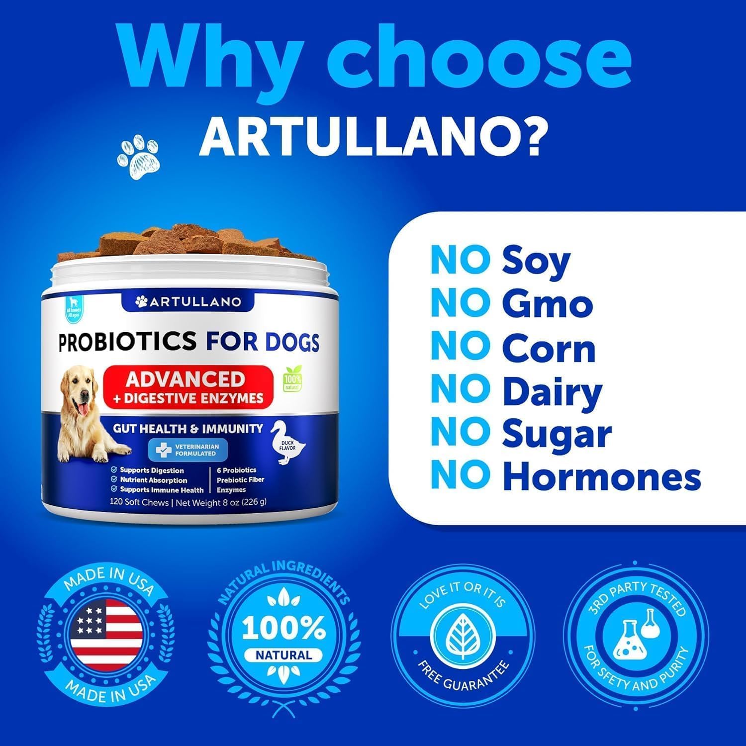 Dog Probiotic Chews with Prebiotics - Improve Gut Health, Skin, Allergies, Immunity - Digestive Enzymes for Dogs - Reduce Gas, Diarrhea - 120 Probiotics