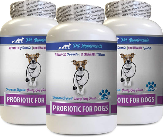 Dog Probiotics Chewable Treats - Supports Healthy Gut, Stops Gas, Diarrhea, & Bad Breath - Digestive Boost Supplement for Dogs - 3 Bottles (180 Treats)