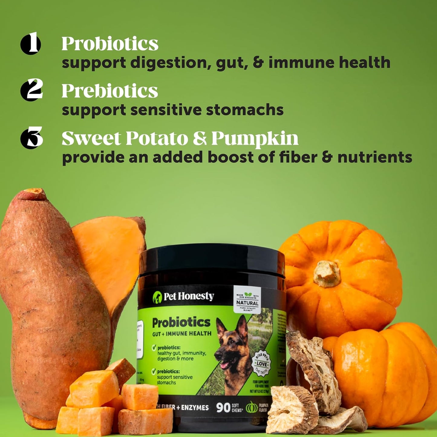 Dog Probiotics for Diarrhea & Bowel Support with Digestive Enzymes, Prebiotics, and Probiotics - Promotes Gut Health, Immunity, and Itch Relief (Duck 90 ct)