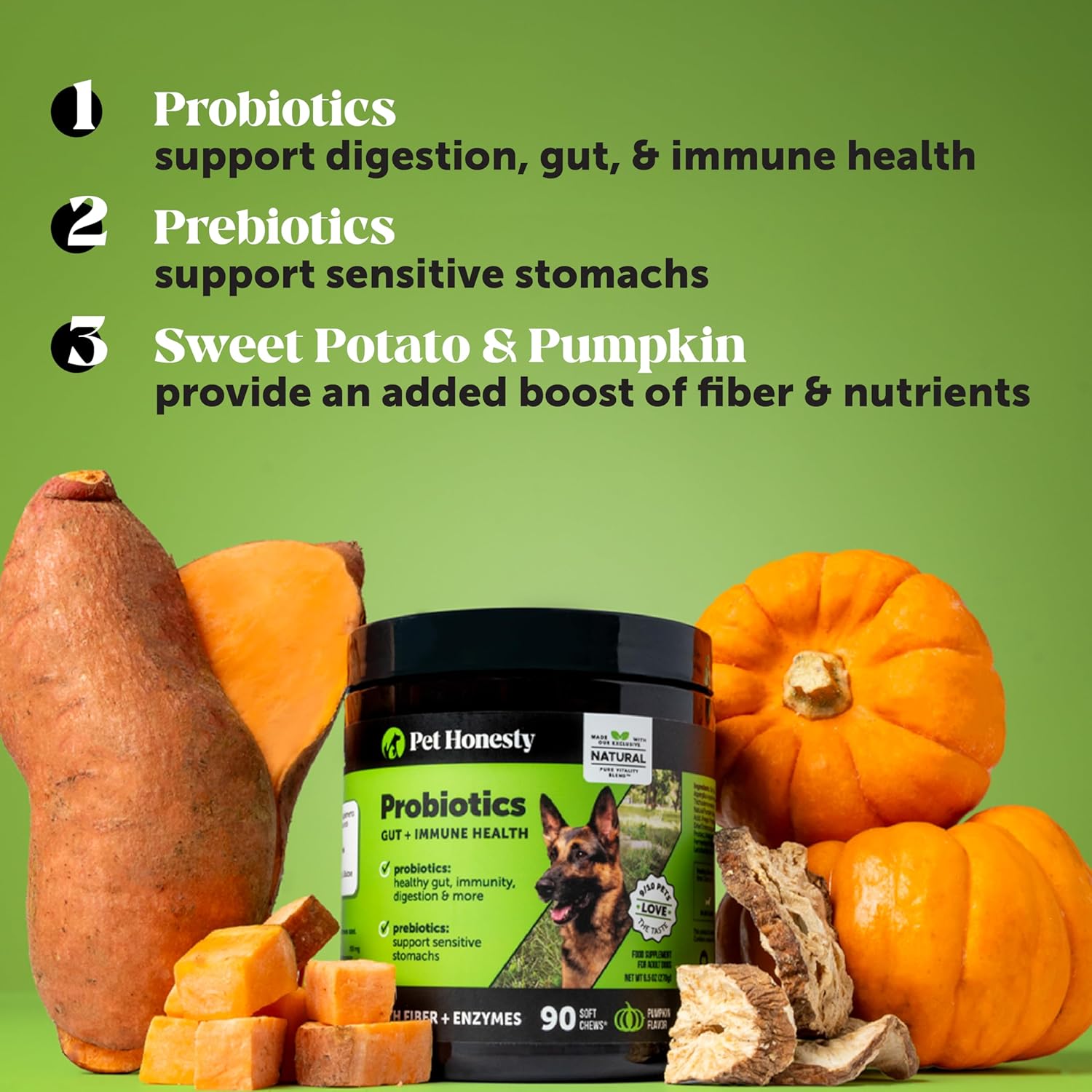 Dog Probiotics for Diarrhea & Bowel Support with Digestive Enzymes, Prebiotics, and Probiotics - Promotes Gut Health, Immunity, and Itch Relief (Duck 90 ct)