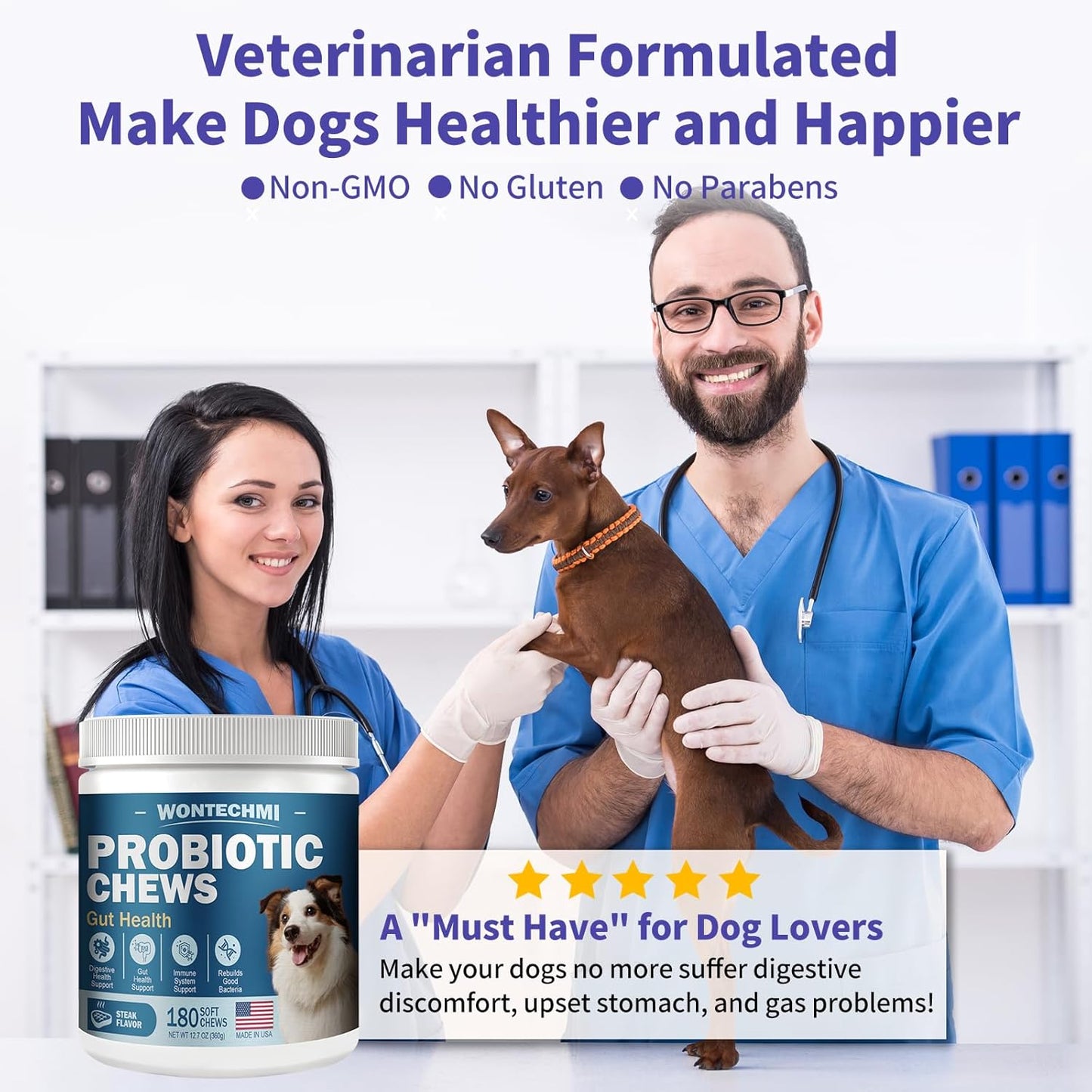 Dog Probiotics with Digestive Enzymes for Itchy Skin, Gut Health, Allergies, and Immunity - 180 Steak Chews