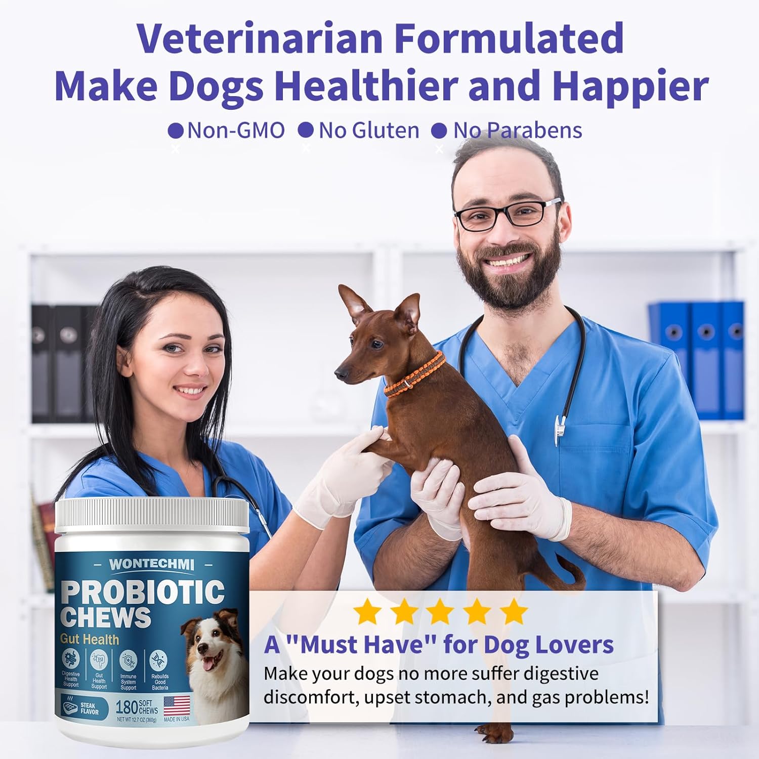 Dog Probiotics with Digestive Enzymes for Itchy Skin, Gut Health, Allergies, and Immunity - 180 Steak Chews