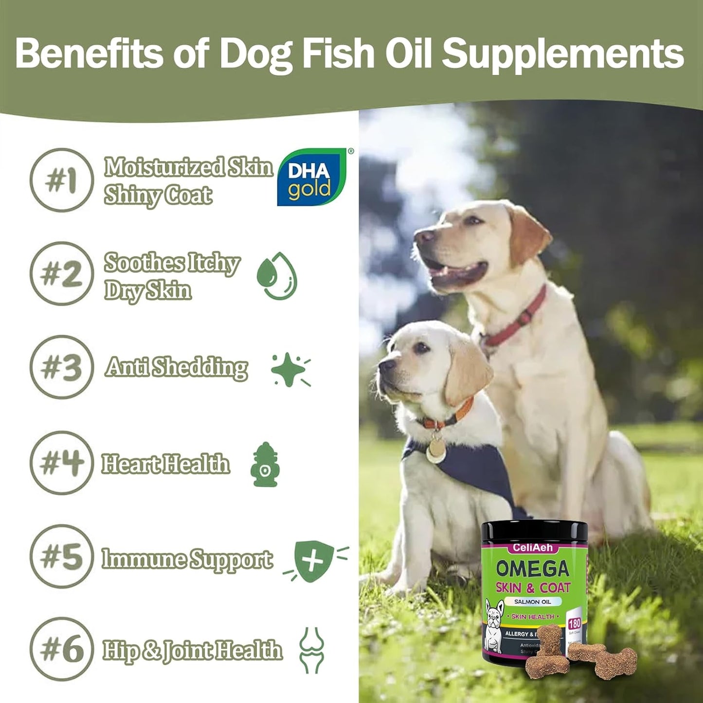 Dog Skin & Coat Supplement with Omega-3 Fish Oil for Itch Relief, Shedding Reduction & Joint Health - 180 Count Omega-3 for Dogs
