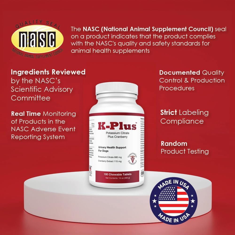 Dog UTI Remedy: K-Plus Potassium Citrate & Cranberry Supplement - Supports Bladder Health - 200 Chewable Tablets for All Breeds