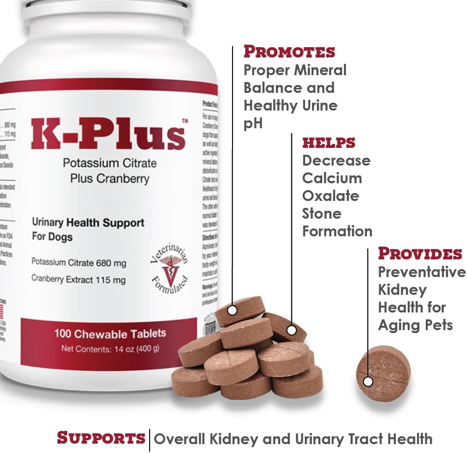 Dog UTI Remedy: K-Plus Potassium Citrate & Cranberry Supplement - Supports Bladder Health - 200 Chewable Tablets for All Breeds