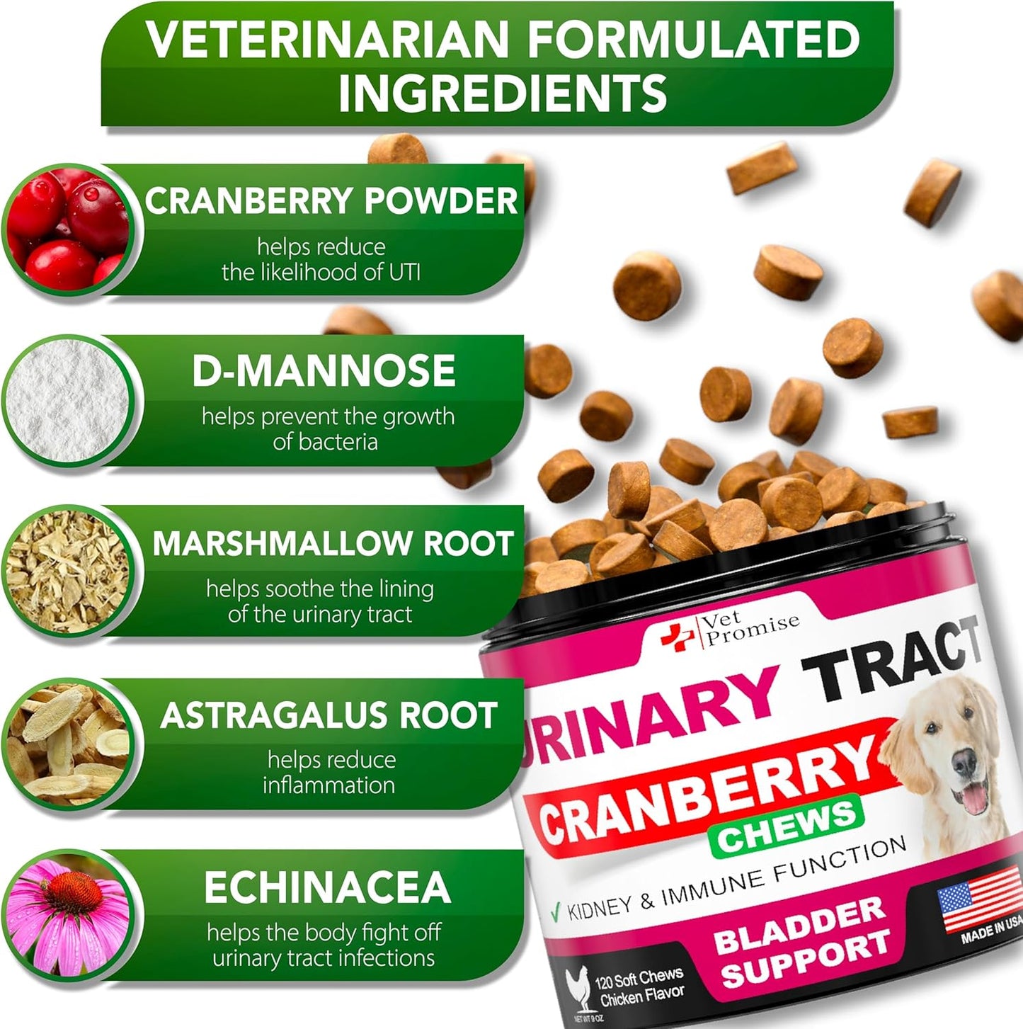 Dog UTI Treatment - Cranberry Supplement for Bladder Control & Infections - Made in USA - Multivitamin Chews for Urinary Health