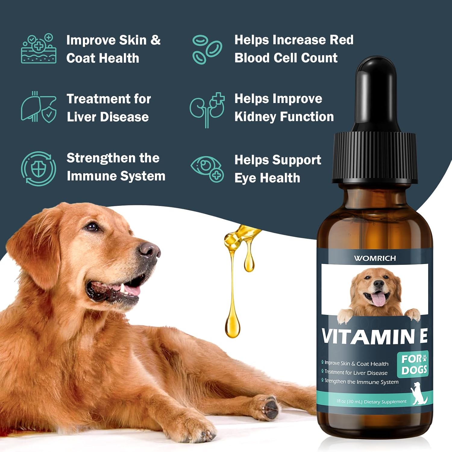 Dog Vitamin E Supplement for Skin & Coat Health, Liver Disease Support, Immune System Booster - Natural Formula for All Breeds & Ages - 30 ML Dropper