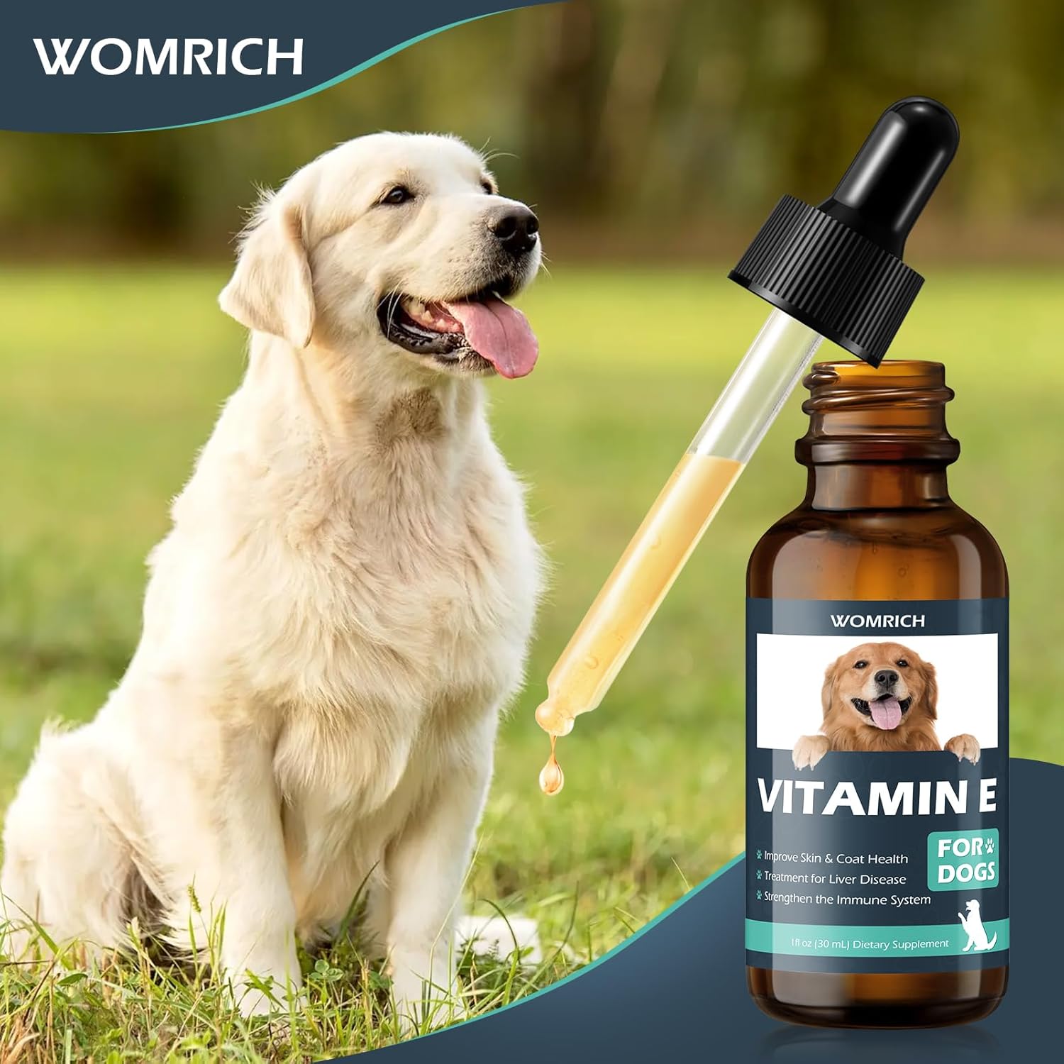 Dog Vitamin E Supplement for Skin & Coat Health, Liver Disease Support, Immune System Booster - Natural Formula for All Breeds & Ages - 30 ML Dropper