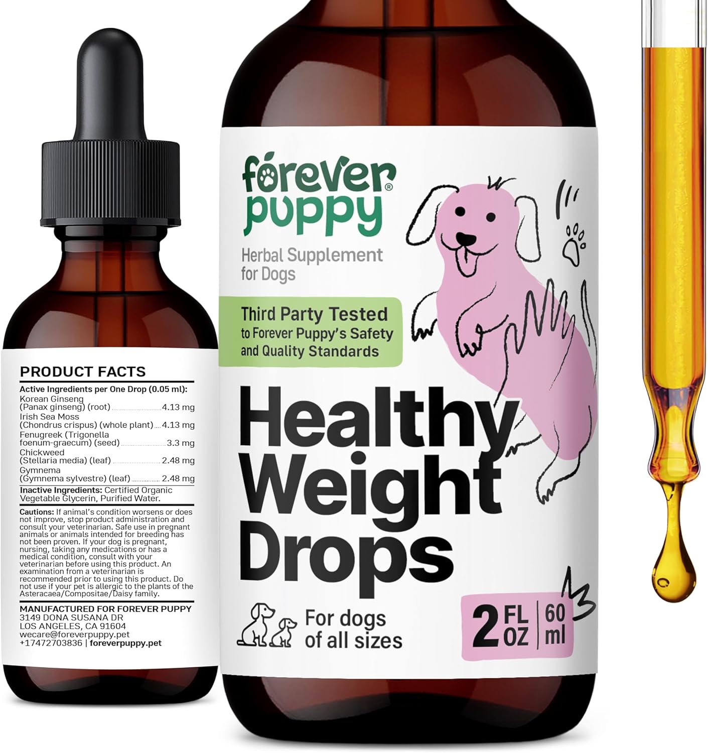 Dog Weight Management Drops with Irish Sea Moss, Ginseng, Fenugreek - Energy Support Supplement for All Breeds - 2 fl oz