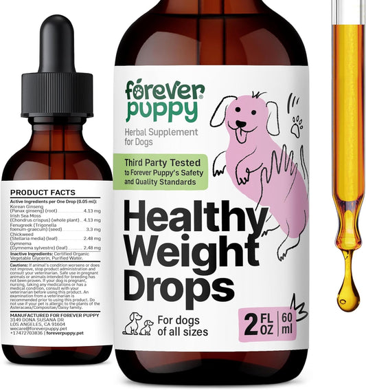 Dog Weight Management Drops with Irish Sea Moss, Ginseng, Fenugreek - Energy Support Supplement for All Breeds - 2 fl oz