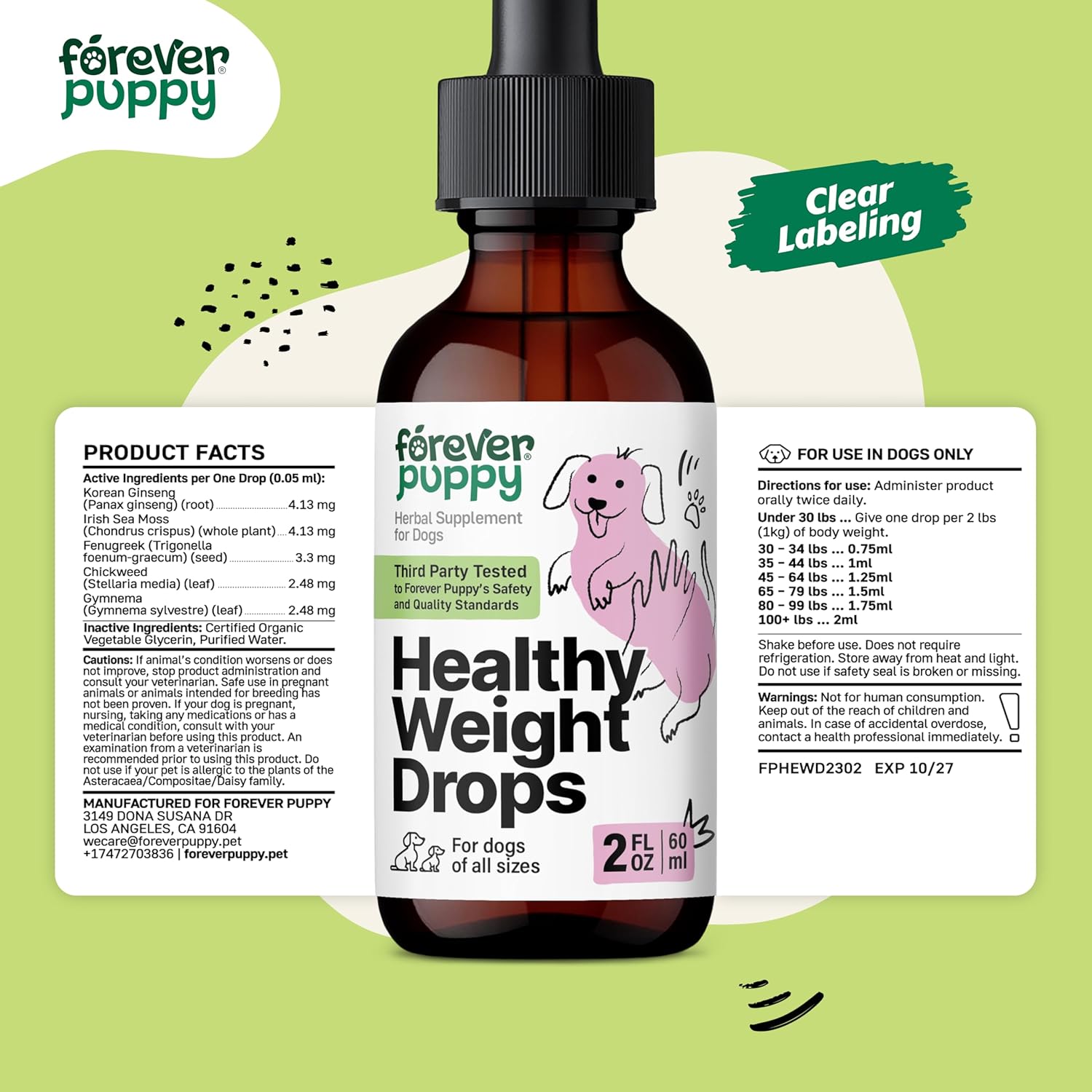 Dog Weight Management Drops with Irish Sea Moss, Ginseng, Fenugreek - Energy Support Supplement for All Breeds - 2 fl oz