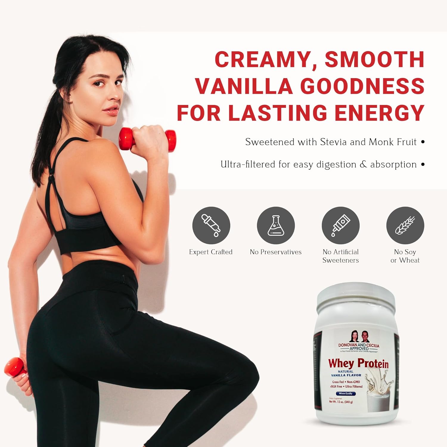 Donovan and Cecilia Approved Grass Fed Whey Protein Shake with BCAAs, 19g Protein, Vanilla Flavor, No Artificial Sweeteners - 12 Oz