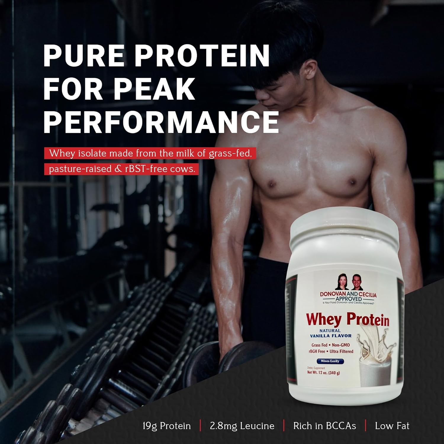 Donovan and Cecilia Approved Grass Fed Whey Protein Shake with BCAAs, 19g Protein, Vanilla Flavor, No Artificial Sweeteners - 12 Oz